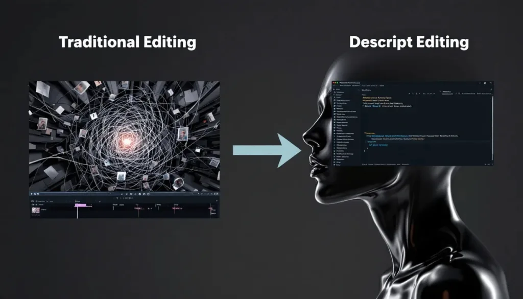 A comparison graphic showing the simplicity of Descript's text-based editing versus a complex traditional video editing timeline.