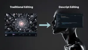 A comparison graphic showing the simplicity of Descript's text-based editing versus a complex traditional video editing timeline.