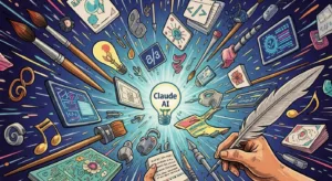 Claude AI assisting with creative brainstorming, coding, writing, and design.