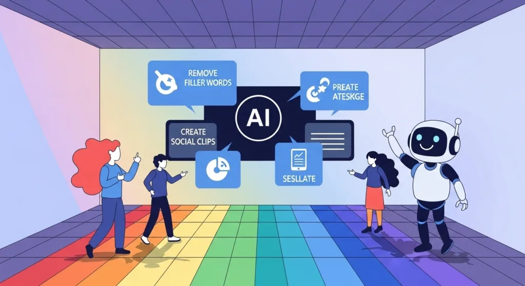 An illustration of an AI assistant automating video editing tasks, representing Descript's powerful Underlord feature.