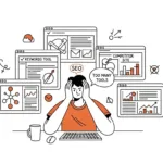 A marketer overwhelmed by many SEO tools, symbolizing the complexity GrowthBar aims to simplify.