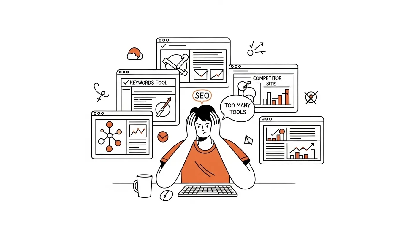 A marketer overwhelmed by many SEO tools, symbolizing the complexity GrowthBar aims to simplify.