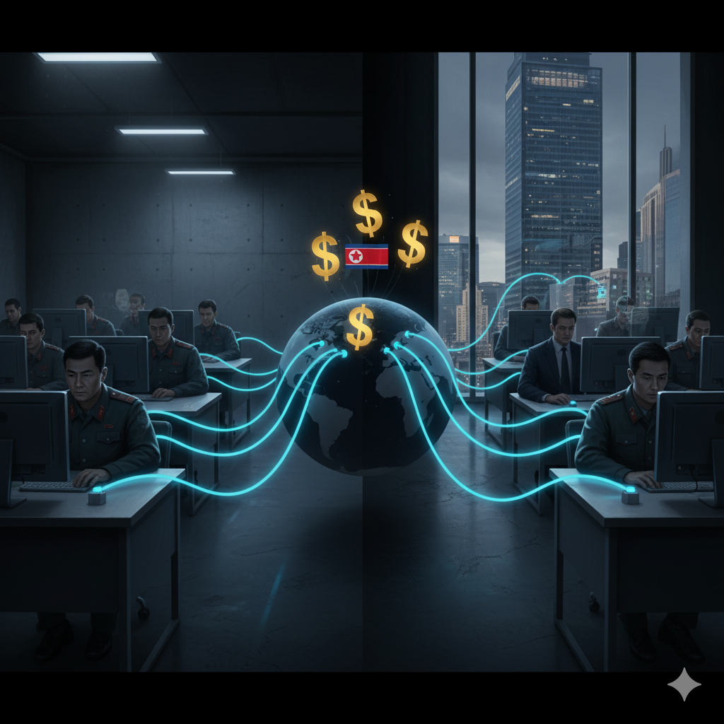 Concept art of North Korean workers remotely connecting to US companies through glowing digital wires, symbolizing hidden infiltration.