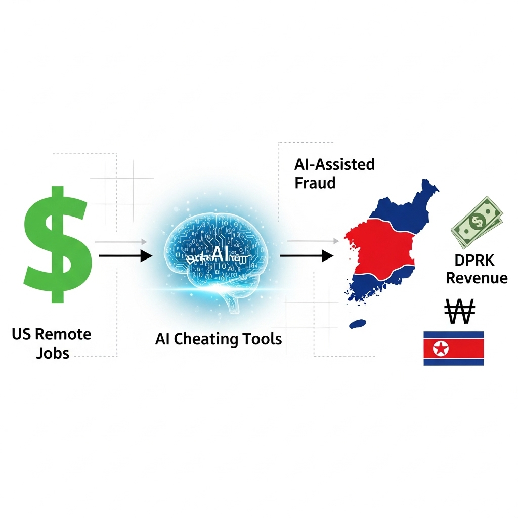 Infographic-style visual showing money flow from US remote jobs to DPRK with AI cheating tools in the middle.