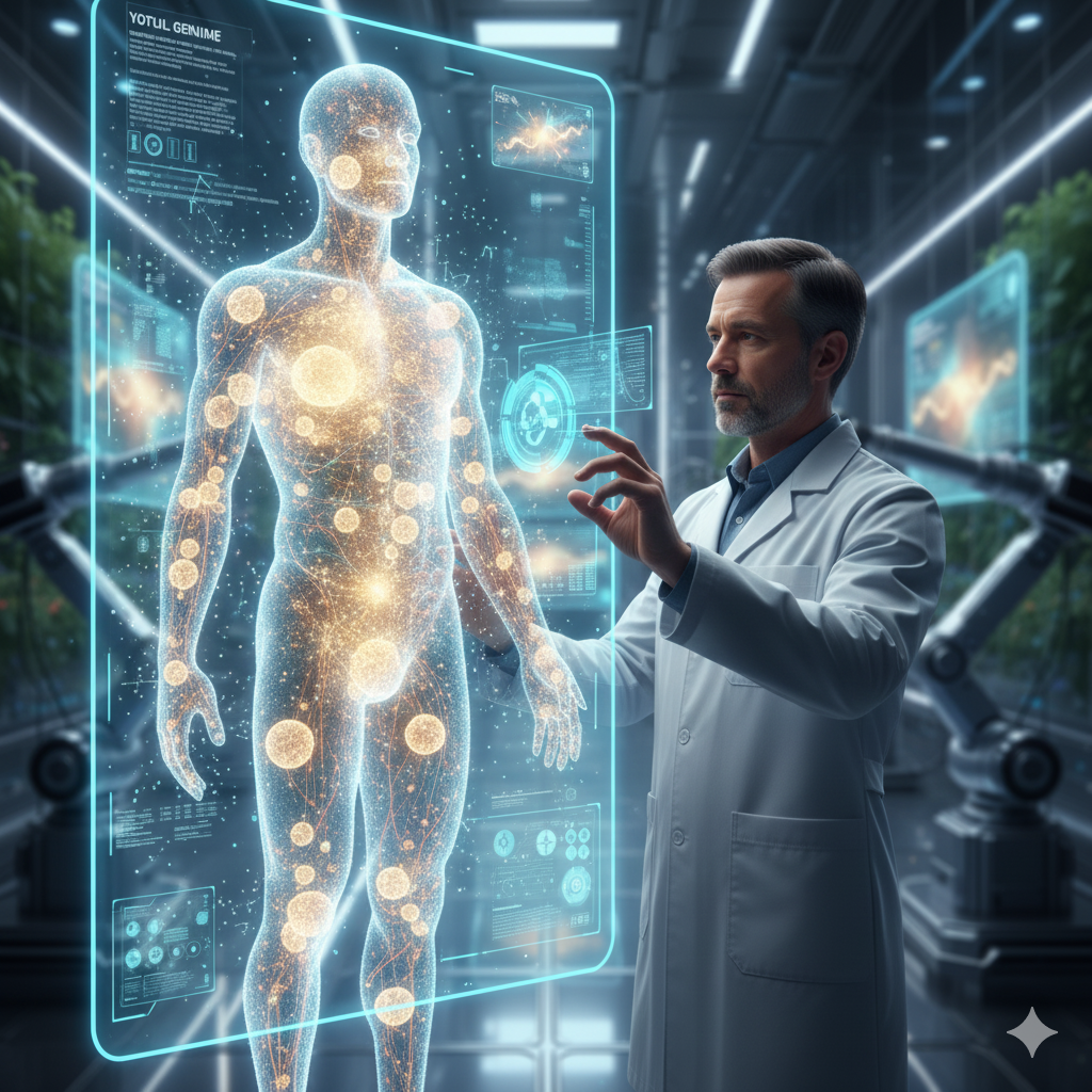 AI hologram displaying the human body with highlighted cells regenerating in real-time. A researcher controls the AI interface with hand gestures.
