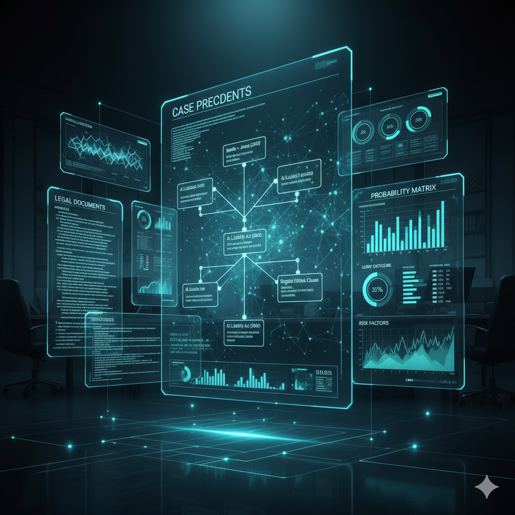  Illustration of an AI interface displaying legal documents and case precedents on futuristic screens