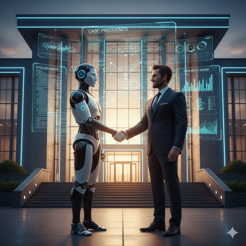  A symbolic image showing a human lawyer shaking hands with a humanoid AI robot in front of a courthouse.


