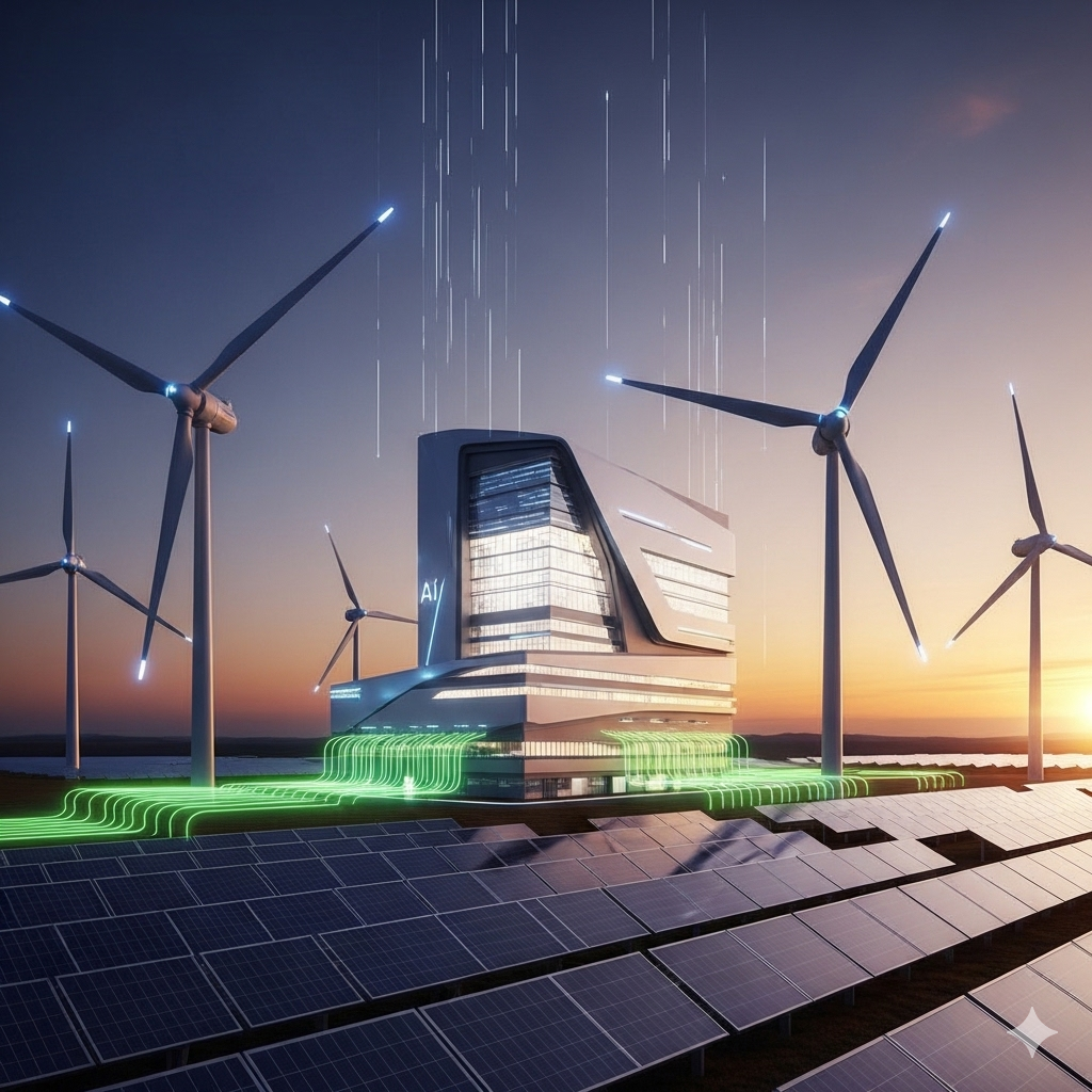 A futuristic AI data center glowing with renewable energy sources like wind turbines and solar panels surrounding it, ultra-modern style.