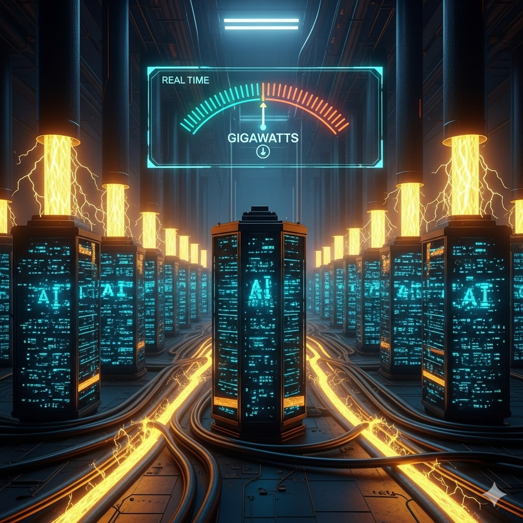A digital illustration of giant AI servers consuming electricity, with a scale overlay showing gigawatts of power.