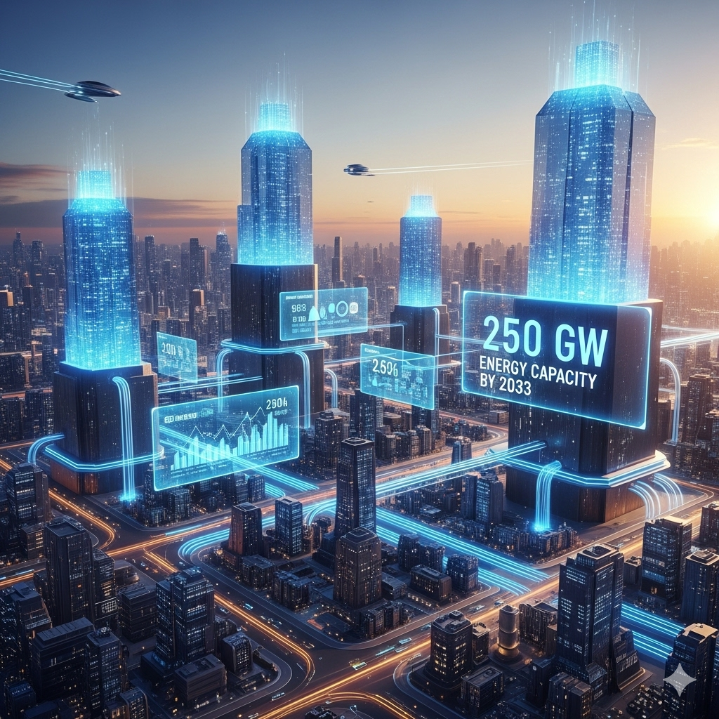 A conceptual futuristic city powered by AI data centers, symbolizing 250 GW energy capacity by 2033.