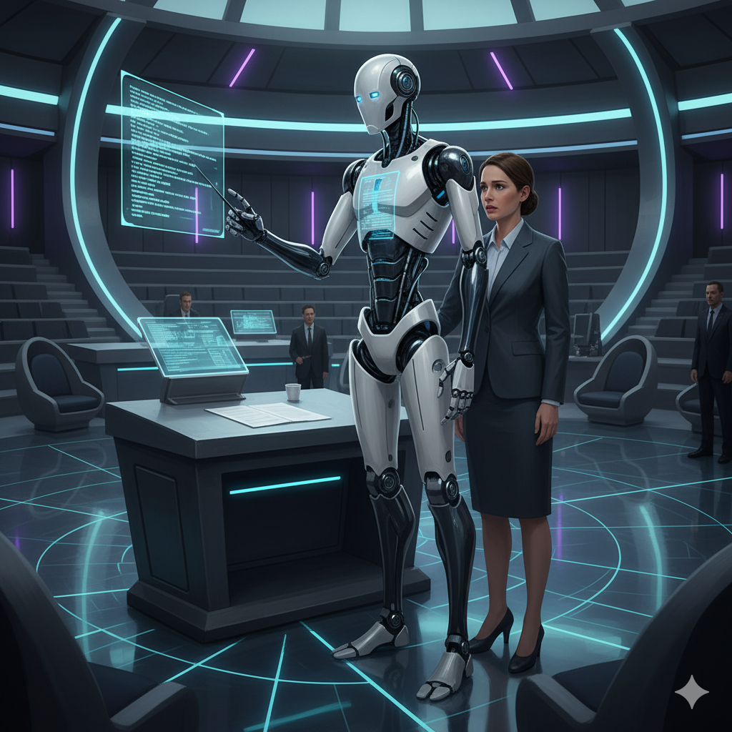 Concept art of a robot lawyer standing beside a human client in a courtroom.