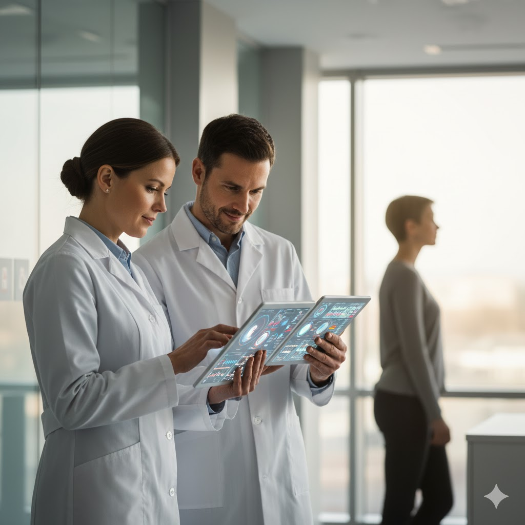 Doctors reviewing cancer treatment plans based on Gemma model cancer therapy pathway