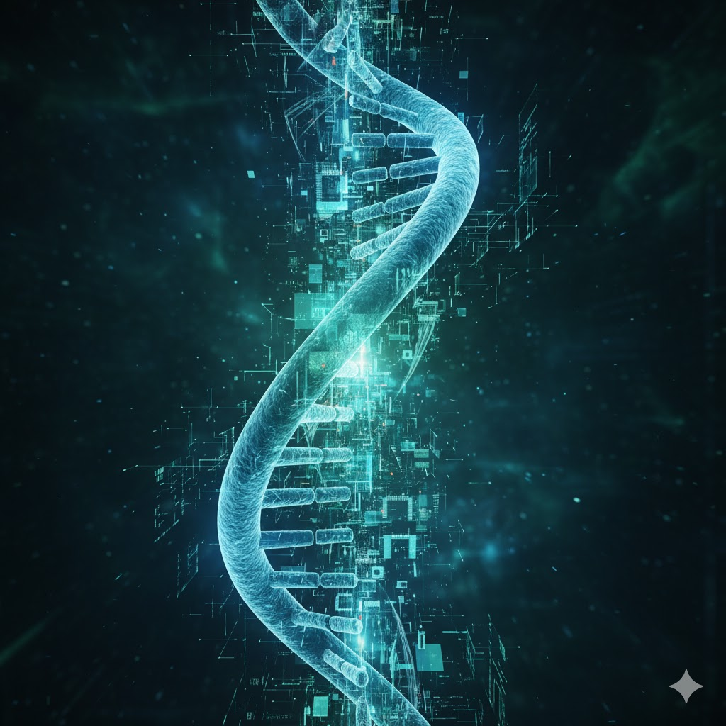 Gemma model cancer therapy pathway concept showing AI and human DNA merging